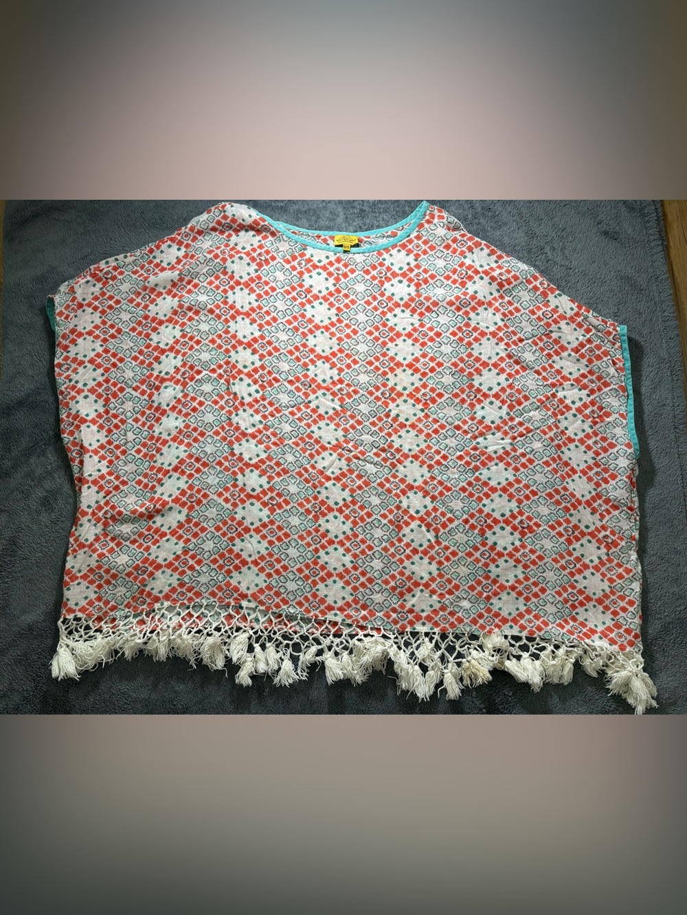 Roberta Roller Rabbit One Size Boho Fringe Hem Women’s Top in Coral and Teal